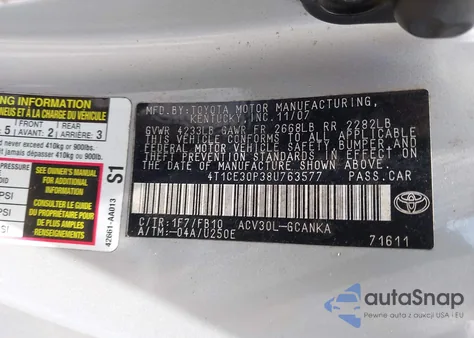 2008 Toyota Camry Solara Se z USA, uszkodzony, nr VIN 4T1CE30P38U763577